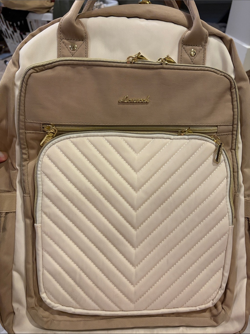 Beige & Cream Quilted Backpack with Gold Hardware